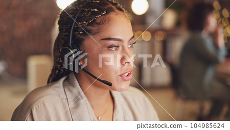 Call Center, focus and a business black woman talking to customer or proposal on her computer while working in the office. Research, productivity with a female employee at work on a project 104985624