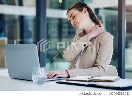 Neck pain, laptop and business woman stress, online mistake or Human Resources error, problem and payroll crisis. Fatigue, sad or spine problem of HR person on her computer for planning or schedule 104985858