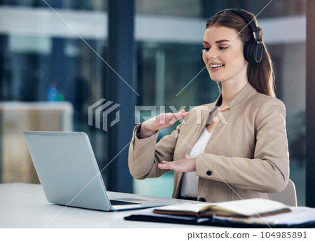 Business, laptop or woman on video call for online meeting or virtual conference on social network in office. Communication, talking or happy girl consultant for webinar, discussion or conversation Business, laptop or woman on video call for online meeting or virtual conference on social network in office. Communication, talking or happy girl consultant for webinar, discussion or conversation 104985891