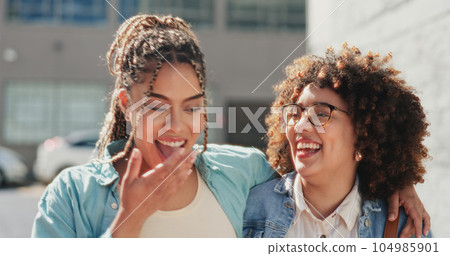 Women, lesbian couple walking and laughing in city, bonding and hugging together on street. Girls, love and smile of happy females talk on romantic date, laugh at funny joke or comedy, humor or comic 104985901