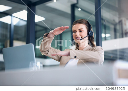 Happy woman, laptop and call center with headphones in customer service, support or meeting at office. Female person, consultant or agent explaining in online virtual telecommunication at workplace 104985925