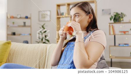 Relax, home and woman on couch, coffee and break for resting, thinking and daydreaming in living room. Female, latte and person with tea, natural aroma and gratitude with happiness, weekend and calm Relax, home and woman on couch, coffee and break for resting, thinking and daydreaming in living room. Female, latte and person with tea, natural aroma and gratitude with happiness, weekend and calm 104986125