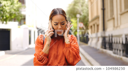Business women, phone call and smile for conversation, discussion or talk on Urban adventure. happy businesswomen talking on smartphone and losing signal on outdoors 104986230