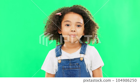 Raise eyebrow, green screen and face of child on in studio for comic, meme and funny facial expression. Emoji mockup, childhood and portrait of young girl with happiness, humour reaction and excited Raise eyebrow, green screen and face of child on in studio for comic, meme and funny facial expression. Emoji mockup, childhood and portrait of young girl with happiness, humour reaction and excited 104986250