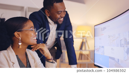 Teamwork, training and business people on computer planning for project, website design or review at night office. Advice, feedback and black woman talking to manager with desktop screen and tablet Teamwork, training and business people on computer planning for project, website design or review at night office. Advice, feedback and black woman talking to manager with desktop screen and tablet 104986302