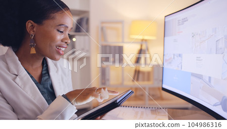 Search, business and tablet with black woman in office for website, branding and digital marketing. Review, night and corporate with female employee at computer for planning, proposal and commitment Search, business and tablet with black woman in office for website, branding and digital marketing. Review, night and corporate with female employee at computer for planning, proposal and commitment 104986316