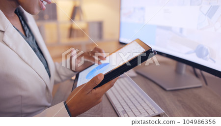 Chart, business and tablet with hands of woman in office for website, branding and digital marketing. Review, night and corporate with employee at computer for planning, proposal and commitment Chart, business and tablet with hands of woman in office for website, branding and digital marketing. Review, night and corporate with employee at computer for planning, proposal and commitment 104986356