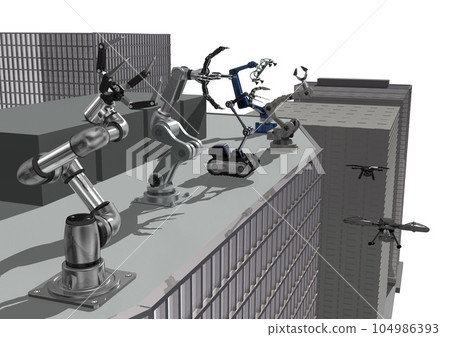 A 3D image (white background) that expresses the image that supports the future of cities and society with buildings, industrial robots, and drones. A 3D image (white background) that expresses the image that supports the future of cities and society with buildings, industrial robots, and drones. 104986393