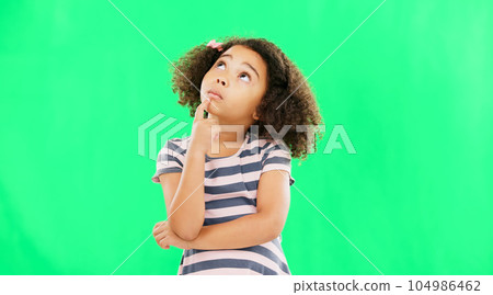 Thinking, idea and green screen with young girl in a studio contemplating and relax planning. Question, youth thought and kid with ideas and creative vision feeling curious with contemplation 104986462