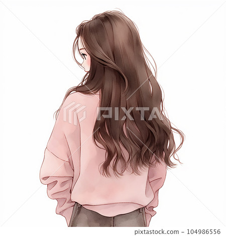 棕髮美女的背影（白底、桐貫）「AI生成圖像」-插圖素材[104986556 ...