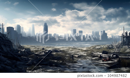 Urban landscape where humans disappear and plants erode [AI generation] 104987482