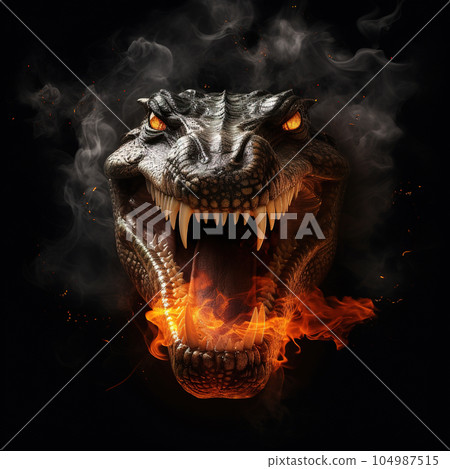 Image of angry crocodile face and flames on dark background. Amphibian. Illustration, Generative AI. 104987515