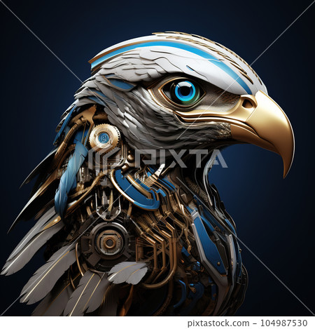 An eagle head that is a futuristic machine of the future world. Bird. Wildlife Animals. Illustration, Generative AI. 104987530