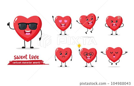 love heart cartoon with many expressions. different love heart activity vector illustration flat design. smart love heart for children story book. 104988043
