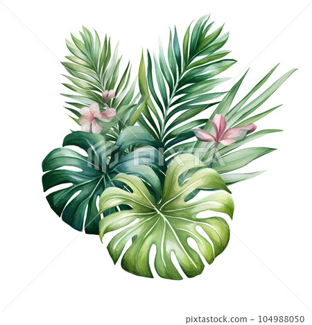 jungle, summer, watercolor, tropical, nature, illustration, plant, leaf, botanical, background, wallpaper, palm, forest, foliage, green, tropic, tree, exotic, paradise, decoration, hawaii, art, 104988050
