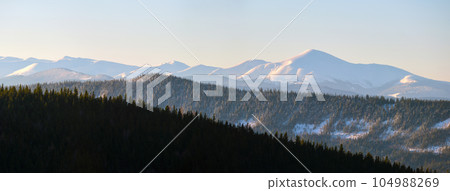 Panoramic mountain landscape with snowy high peaks and wooded valley 104988269