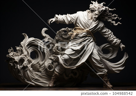 Full body twisted antique sculpture, black and white colors. AI Generative. 104988542