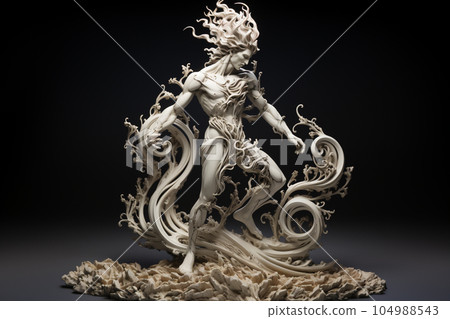 Full body twisted antique sculpture, black and white colors. AI Generative. 104988543