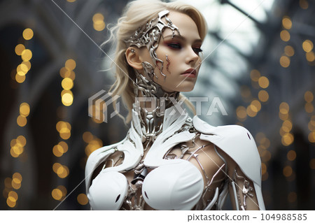 Beautiful model, white marble body and marble grey hear greek statue cyborg wearing a crystal futuristic dress, modern streetwear, designer fashion, old medieval city background. AI Generative. 104988585
