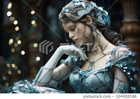 Beautiful model, white marble body and marble grey hear greek statue cyborg wearing a crystal futuristic dress, modern streetwear, designer fashion, old medieval city background. AI Generative. Beautiful model, white marble body and marble grey hear greek statue cyborg wearing a crystal futuristic dress, modern streetwear, designer fashion, old medieval city background. AI Generative. 104988586