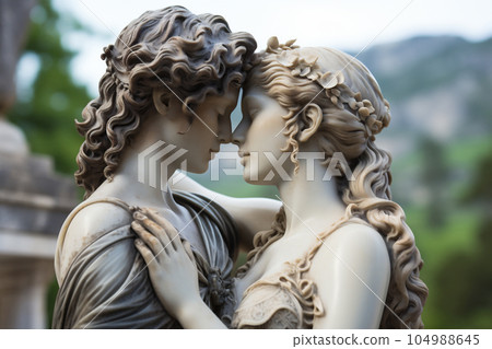 Profile shot of an ancient Gods marble statue with a loving kiss, ancient city crystal blue light background blurred, AI Generative Profile shot of an ancient Gods marble statue with a loving kiss, ancient city crystal blue light background blurred, AI Generative 104988645