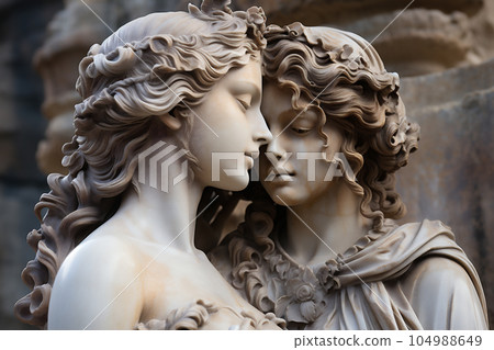 Profile of an ancient Goddesses marble statue with a lovely kiss, ancient city crystal blue light background. LGBT concept. AI Generative Profile of an ancient Goddesses marble statue with a lovely kiss, ancient city crystal blue light background. LGBT concept. AI Generative 104988649