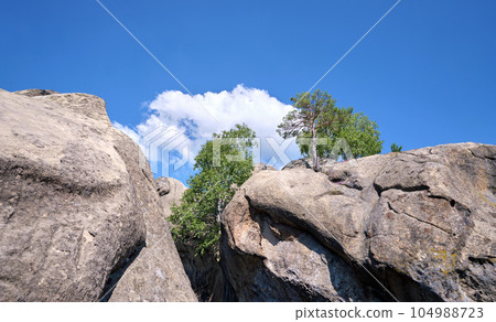 Huge rocky boulder formations high in mountains with growing trees on summer sunny day Huge rocky boulder formations high in mountains with growing trees on summer sunny day 104988723