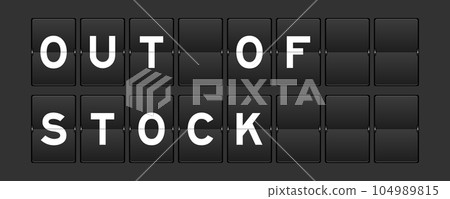 Black color analog flip board with word out of stock on gray background 104989815
