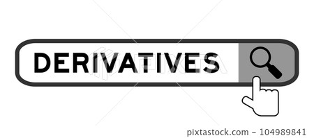 Search banner in word derivatives with hand over magnifier icon on white background 104989841