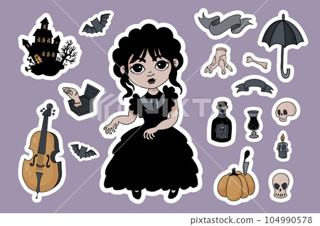 Halloween cute stickers. Dancing pretty girl, creepy mystical house with bat, cello, rum, skull and crossbones, pumpkin and hand thing. Vector illustration. Isolated colored drawn for festive design 104990578