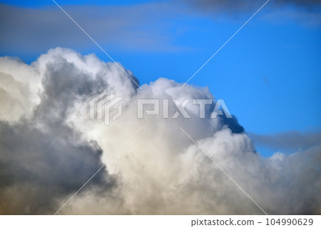 Bright landscape of white puffy cumulus clouds on blue clear sky Bright landscape of white puffy cumulus clouds on blue clear sky 104990629