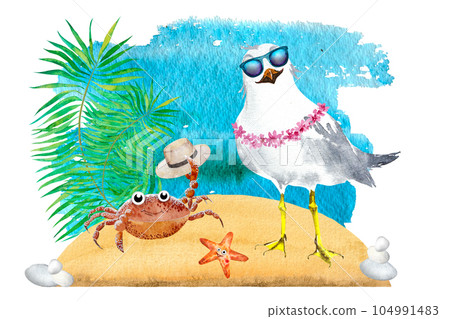 Watercolor illustration of a cartoon seagull, crab and starfish. A seagull , a crab and a star on the beach,drawing 104991483