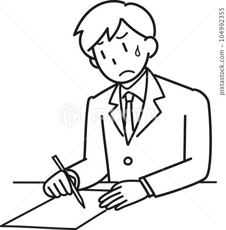 Illustration of a male student taking a test with a troubled expression 104992355