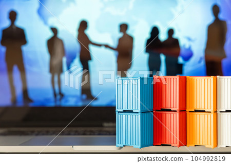 Container box on computer laptop, Global business container ship in import export business logistic, Company cargo freight shipping delivery logistic technology business, Container box on laptop. Container box on computer laptop, Global business container ship in import export business logistic, Company cargo freight shipping delivery logistic technology business, Container box on laptop. 104992819