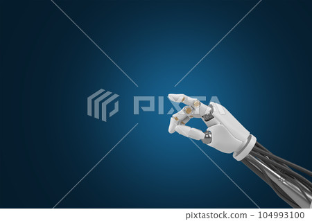 3d rendering of the Robotic Hand, Illuminated Against a Blue Backdrop, Embodying the Unparalleled Potential of AI and Technology to Reshape Our World. 104993100