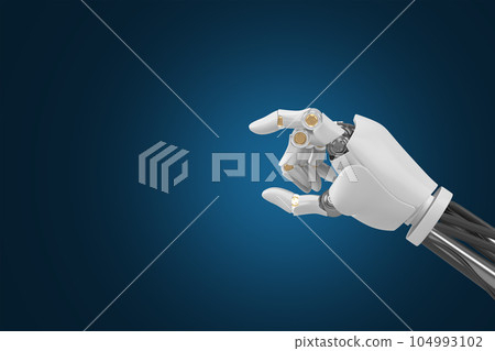 3d rendering of the Robotic Hand, Illuminated Against a Blue Backdrop, Embodying the Unparalleled Potential of AI and Technology to Reshape Our World. 3d rendering of the Robotic Hand, Illuminated Against a Blue Backdrop, Embodying the Unparalleled Potential of AI and Technology to Reshape Our World. 104993102