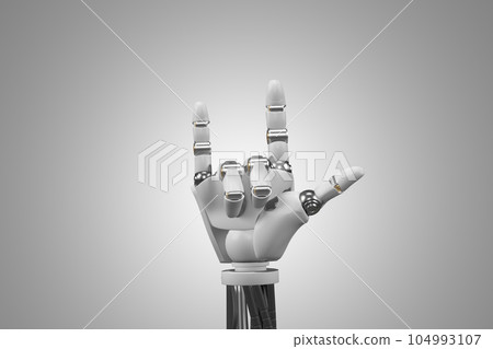 Discover the Robotic Hand's Intricate Design on a White Backdrop, Paving the Way for a New Era of Technological Advancements and AI-driven Solutions. 3d rendering of hand robot. Discover the Robotic Hand's Intricate Design on a White Backdrop, Paving the Way for a New Era of Technological Advancements and AI-driven Solutions. 3d rendering of hand robot. 104993107