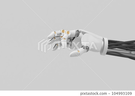 Discover the Robotic Hand's Intricate Design on a White Backdrop, Paving the Way for a New Era of Technological Advancements and AI-driven Solutions. 3d rendering of hand robot. Discover the Robotic Hand's Intricate Design on a White Backdrop, Paving the Way for a New Era of Technological Advancements and AI-driven Solutions. 3d rendering of hand robot. 104993109