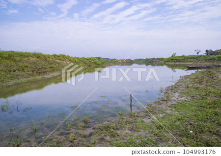 Canal with green grass and vegetation reflected in the water nearby Padma River in Bangladesh Canal with green grass and vegetation reflected in the water nearby Padma River in Bangladesh 104993176