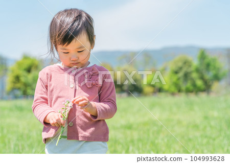 Child (girl) playing picking flowers Child (girl) playing picking flowers 104993628
