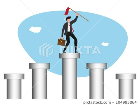 Pillars of success, foundation or support to achieve business target, challenge to be winner or rules of success, stable and strong leadership concept, businessman holding winning flag on pillars. Pillars of success, foundation or support to achieve business target, challenge to be winner or rules of success, stable and strong leadership concept, businessman holding winning flag on pillars. 104993864