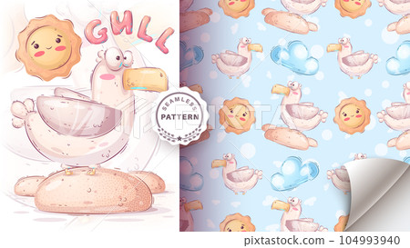 Cartoon adorable character animal bird gull - seamless pattern 104993940