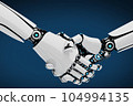 Handshake between robots. Connection, collaboration, partnership, cooperativeness, interlocking, compatibility, agreement, etc. Generated AI image Handshake between robots. Connection, collaboration, partnership, cooperativeness, interlocking, compatibility, agreement, etc. Generated AI image 104994135