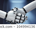 Handshake between robots. Connection, collaboration, partnership, cooperativeness, interlocking, compatibility, agreement, etc. Generated AI image Handshake between robots. Connection, collaboration, partnership, cooperativeness, interlocking, compatibility, agreement, etc. Generated AI image 104994136