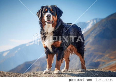 Bernese mountain dog standing on the top of the mountain and looking at the camera selective focus. Generative AI Bernese mountain dog standing on the top of the mountain and looking at the camera selective focus. Generative AI 104994850