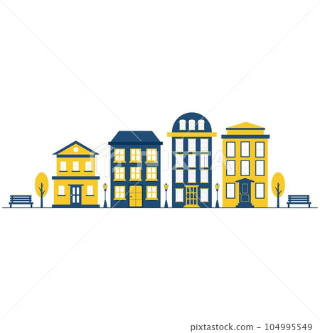 Houses. Urban street scene with houses. Vector illustration for web design, application interface, infographics. 104995549