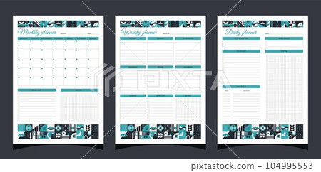 Planner set geometry. Weekly and monthly and daily planners. Planners printable template with geometric shapes. Blank white notebook page A4. Vector illustration. 104995553
