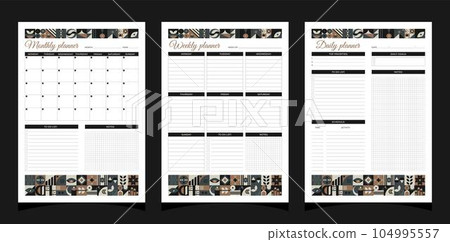 Planner set geometry. Weekly and monthly and daily planners. Planners printable template with geometric shapes. Blank white notebook page A4. Vector illustration. 104995557