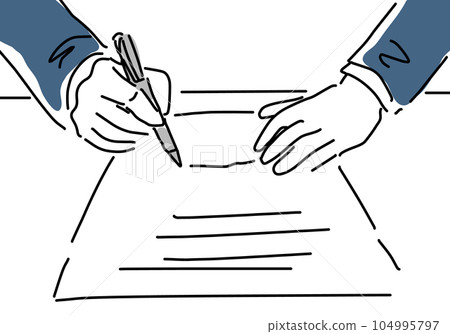 Simple line drawing illustration of a hand signing a document 104995797