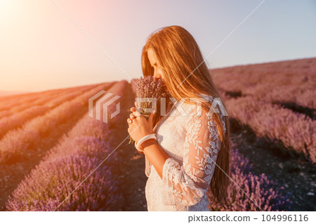 Woman lavender field. Happy carefree woman in a white dress walking in a lavender field and smelling a lavender bouquet on sunset. Ideal for warm and inspirational concepts in wanderlust and travel. Woman lavender field. Happy carefree woman in a white dress walking in a lavender field and smelling a lavender bouquet on sunset. Ideal for warm and inspirational concepts in wanderlust and travel. 104996116